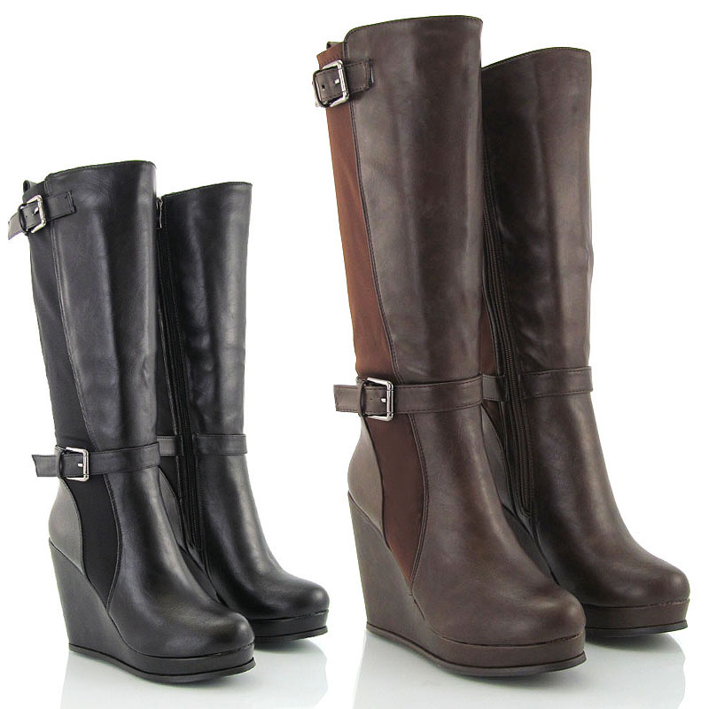 Ladies Wedge Heel Stretch Calf Womens Elastic Knee High Riding Boots Size 3 8 Ebay 3530